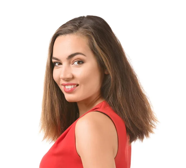 Retrato Una Hermosa Mujer Sonriente Sobre Fondo Blanco — Foto de Stock