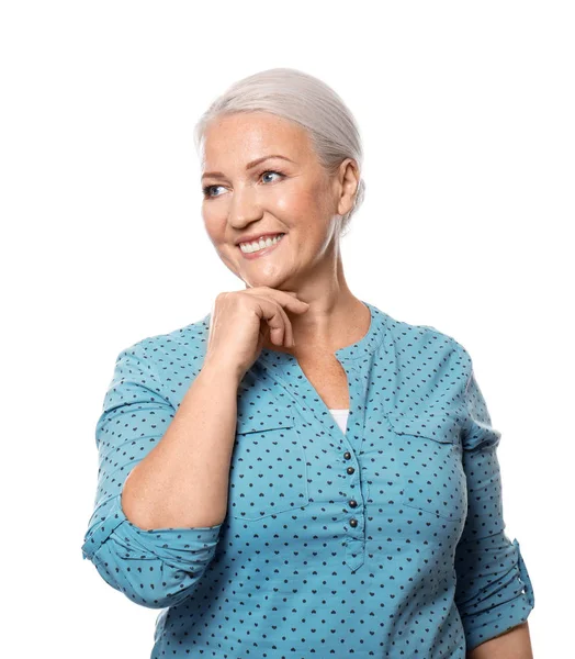 Porträt Einer Lächelnden Reifen Frau Auf Weißem Hintergrund — Stockfoto
