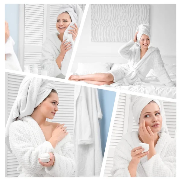 Collage Young Woman Soft Towel Indoors — Stock Photo, Image
