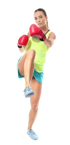 白い背景の上のボクシング グローブの強い女性 — ストック写真
