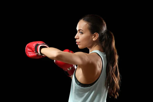 Femme Forte Gants Boxe Sur Fond Noir — Photo