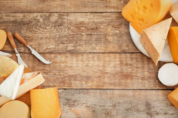 Variety Cheese Wooden Background — Stock Photo, Image