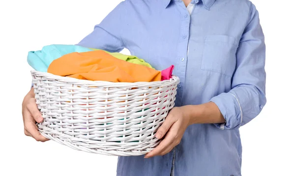 Mulher Segurando Cesta Com Roupa Suja Fundo Branco — Fotografia de Stock