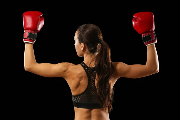 Mujer Fuerte Guantes Boxeo Sobre Fondo Negro — Foto de Stock