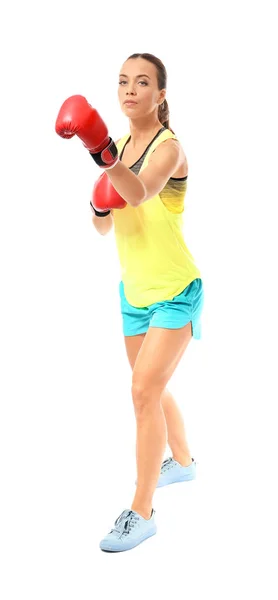 Femme Forte Gants Boxe Sur Fond Blanc — Photo