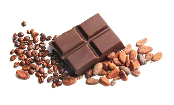 Összetétele Csokoládé Kakaó Kávé Bab Fehér Háttér — Stock Fotó