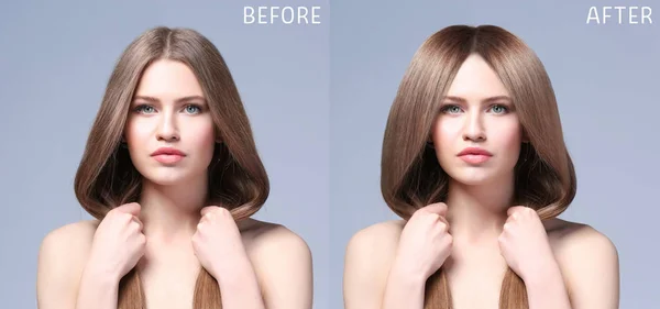 Beautiful Young Woman Procedure Hair Extension Professional Salon Color Background — Stock Photo, Image