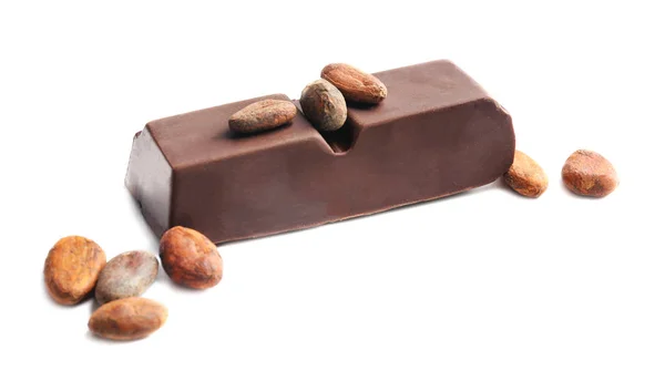 Piece Chocolate Cocoa Beans White Background — Stock Photo, Image