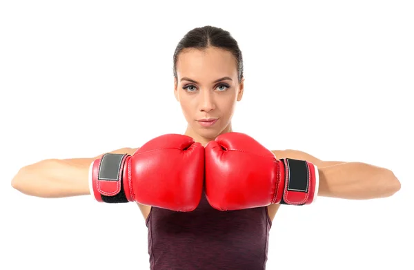 Starke Frau Boxhandschuhen Auf Weißem Hintergrund — Stockfoto