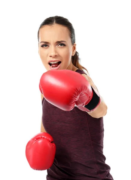 Starke Frau Boxhandschuhen Auf Weißem Hintergrund — Stockfoto