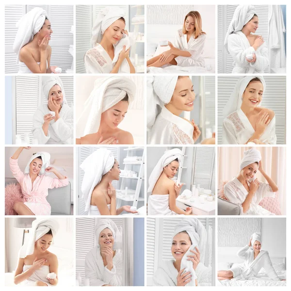 Collage Young Women Soft Towels Indoors — Stock Photo, Image