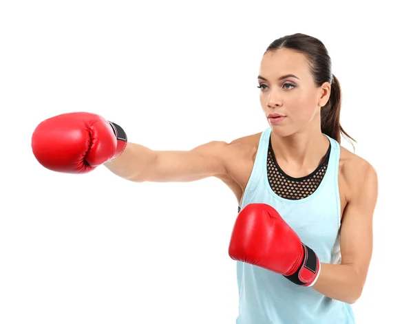 白い背景の上のボクシング グローブの強い女性 — ストック写真