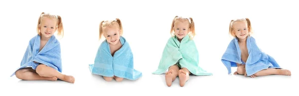 Collage Cute Little Girl Towels White Background — Stock Photo, Image