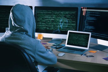 Karanlık odada giyen hoodie Hack sunucu adam
