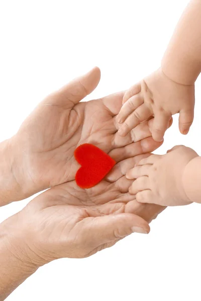 Manos Bebé Anciana Sosteniendo Corazón Sobre Fondo Blanco — Foto de Stock