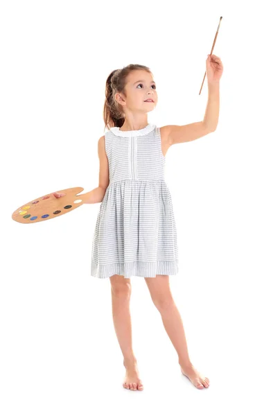 Little Girl Painting Transparent Screen Isolated White — Stock Photo, Image
