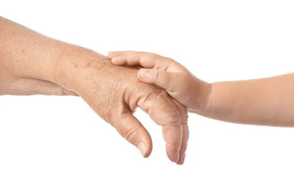 Mains Homme Âgé Bébé Sur Fond Blanc — Photo