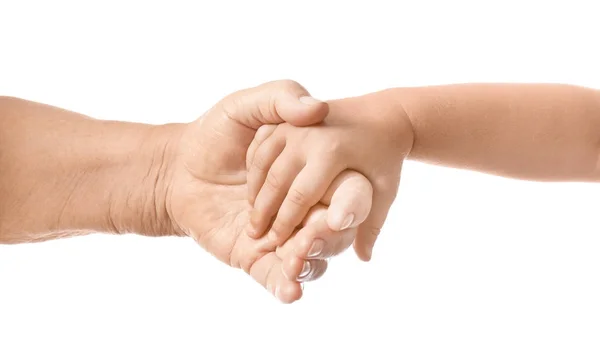 Hände Eines Älteren Mannes Und Eines Babys Auf Weißem Hintergrund — Stockfoto
