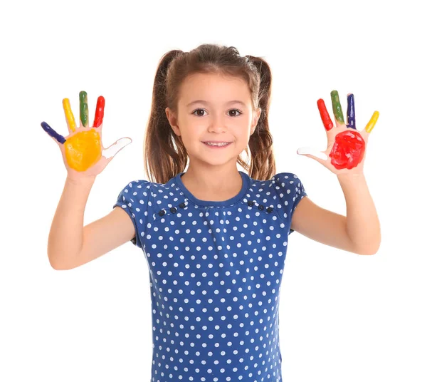 Menina Com Palmas Pintadas Isolado Branco — Fotografia de Stock