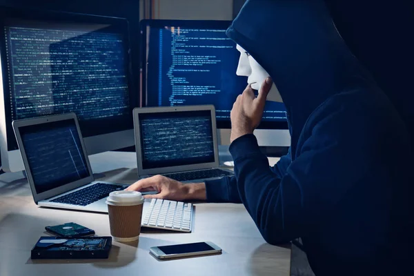 Masked Man Hacking Server Dark Room — Stock Photo, Image