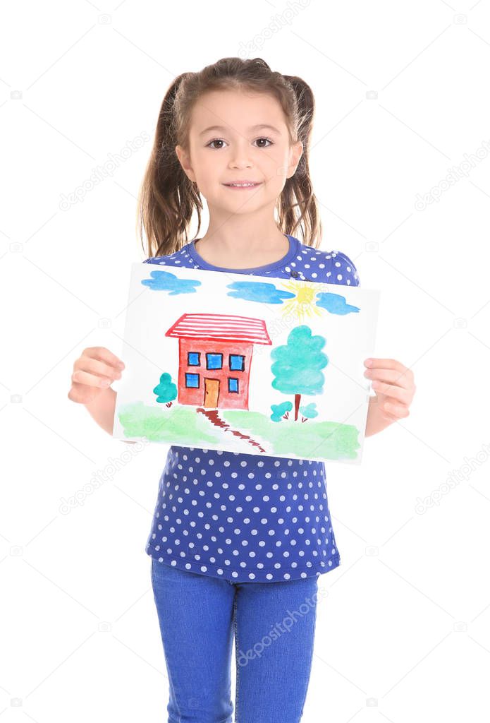 Little girl with beautiful painting, isolated on white