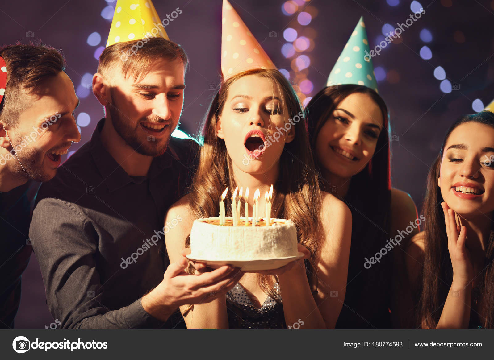Young Woman Blowing Out Candles Birthday Cake Party — Stock Photo