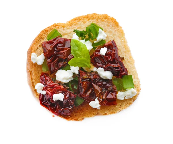 Sabrosa Bruschetta Con Tomates Secados Sol Sobre Fondo Blanco — Foto de Stock