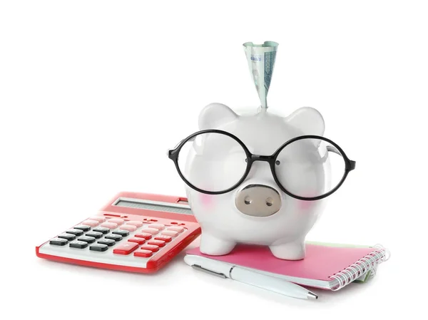 Piggy Bank Banknote Glasses Stationery White Background — Stock Photo, Image