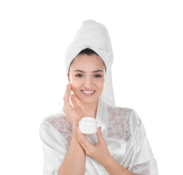 Attraente Giovane Donna Con Vaso Crema Sfondo Bianco — Foto Stock