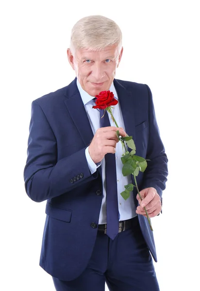 Attraktiver Älterer Mann Mit Roter Rose Auf Weißem Hintergrund — Stockfoto