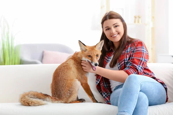 Young Woman Pet Fox Indoors — Stock Photo, Image