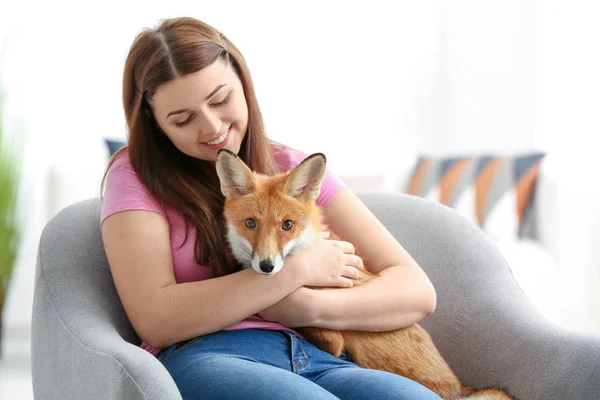 Young Woman Pet Fox Indoors — Stock Photo, Image