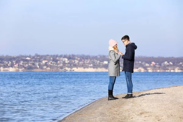 Happy Loving Young Couple River Bank — Stock Photo, Image