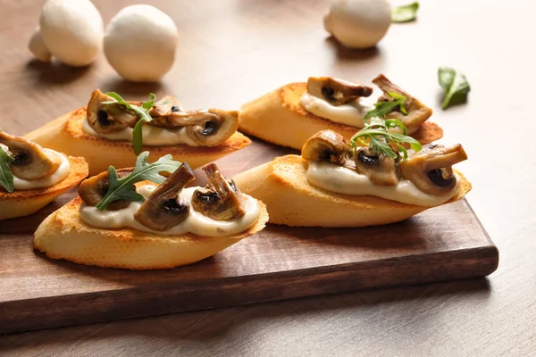 Tasty Bruschettas Mushrooms Wooden Board — Stock Photo, Image