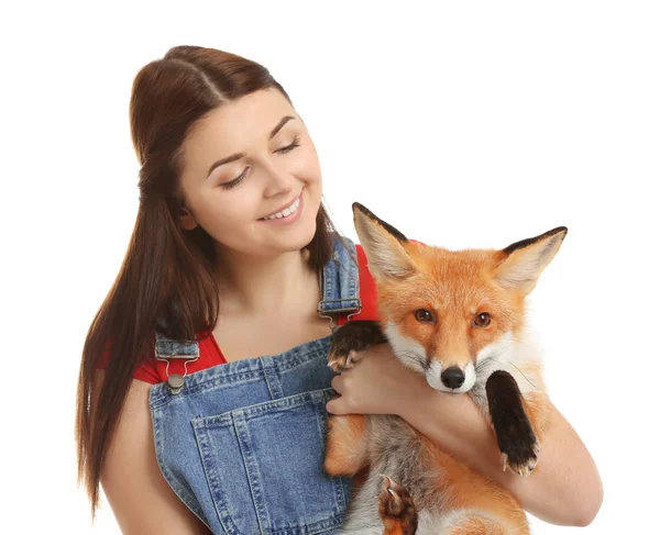 Woman Pet Fox White Background — Stock Photo, Image