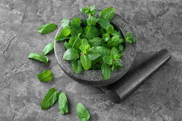 Argamassa Com Erva Cidreira Fresca Sobre Fundo Cinzento — Fotografia de Stock