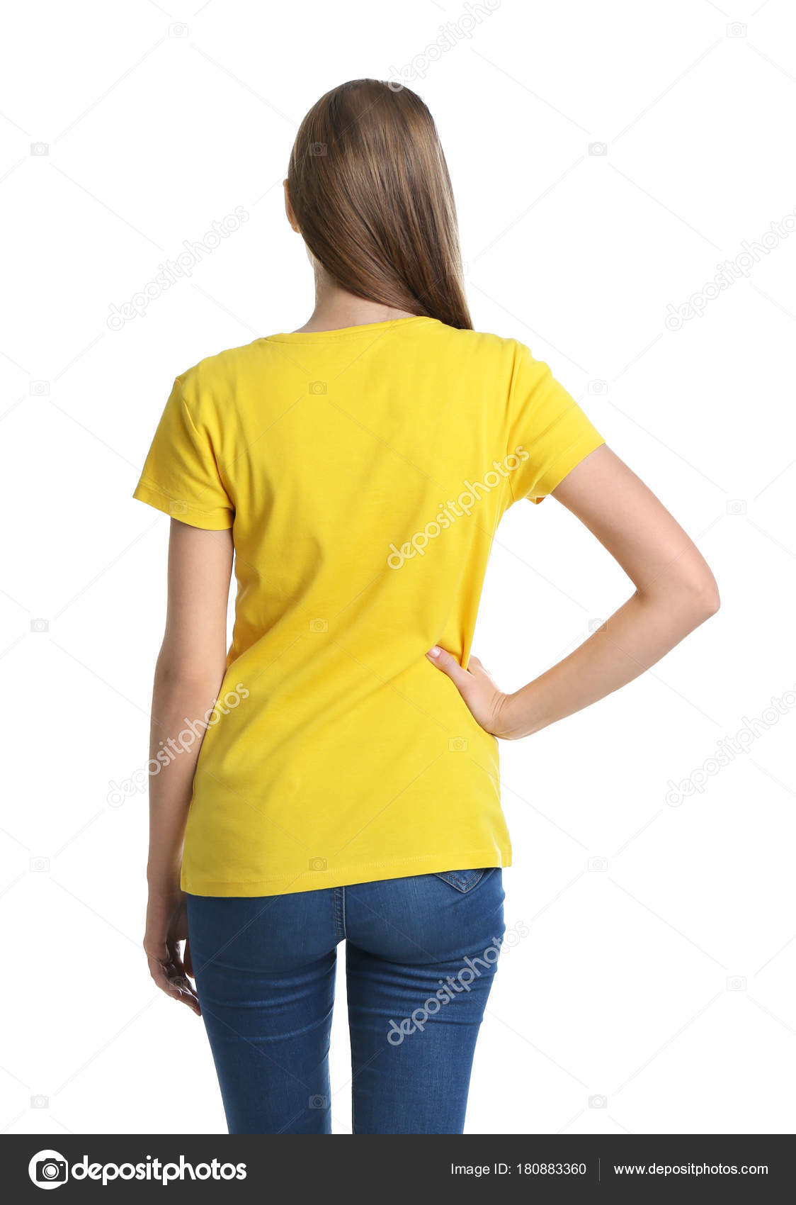 Download Young Woman Yellow Shirt White Background Mockup Design Stock Photo C Belchonock 180883360 PSD Mockup Templates
