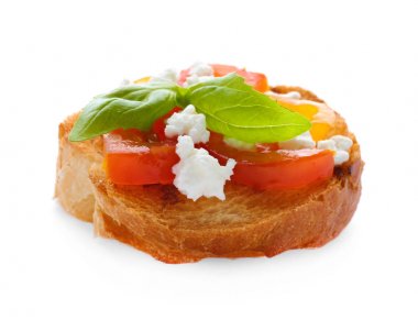 Domates ve peynir beyaz zemin üzerine lezzetli bruschetta