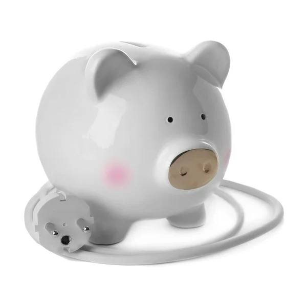 Piggy Bank Power Cable Plug White Background — Stock Photo, Image