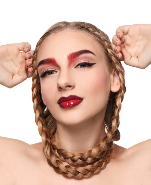 Mujer Joven Con Cejas Teñidas Sobre Fondo Blanco — Foto de Stock