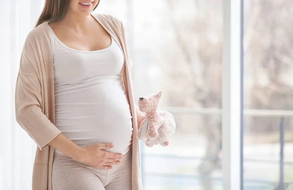 Pregnant Woman Cute Toy Home Closeup — Stock Photo, Image