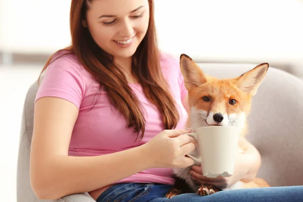 Young Woman Pet Fox Indoors — Stock Photo, Image