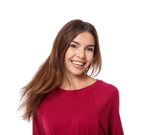 Joven Hermosa Mujer Sonriente Sobre Fondo Blanco —  Fotos de Stock