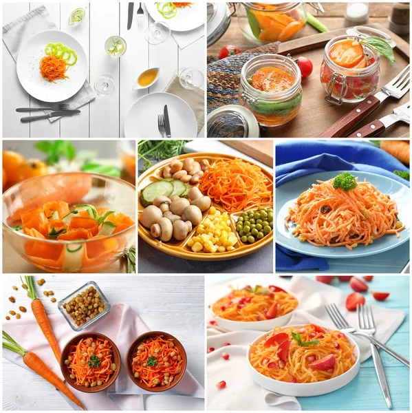 Collage Met Lekkere Wortel Salades — Stockfoto