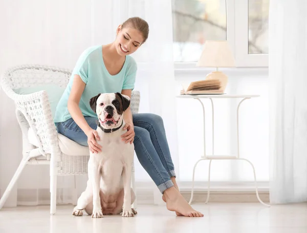 Woman Cute White Boxer Dog Indoors Pet Adoption — Stock Photo, Image