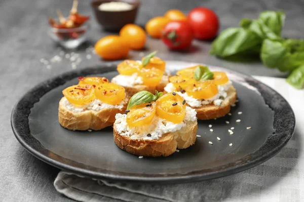 Tasty Bruschettas Tomatoes Plate — Stock Photo, Image