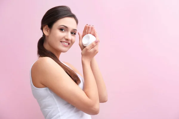 Attractive Young Woman Jar Body Cream Color Background — Stock Photo, Image