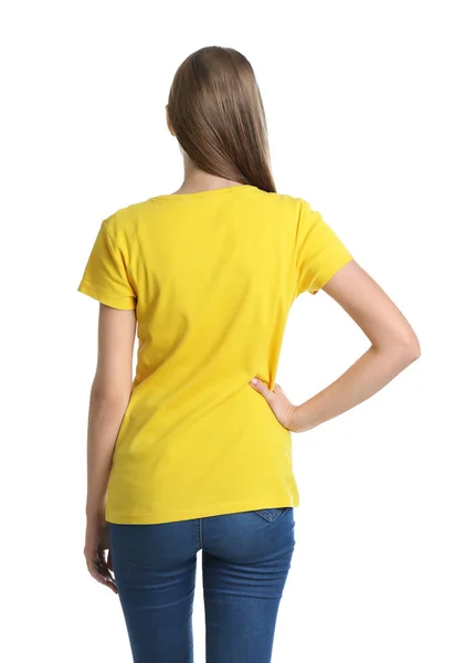 Jeune Femme Shirt Jaune Sur Fond Blanc Maquette Pour Design — Photo