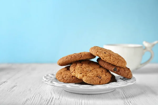 Csokoládé Chips Tányér Finom Zabliszt Cookie Kat — Stock Fotó