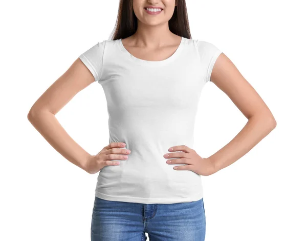 Jonge Vrouw Shirt Witte Achtergrond Mockup Voor Ontwerp — Stockfoto